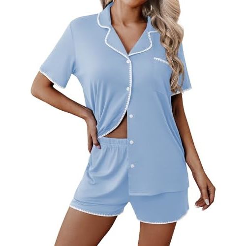 Ekouaer Pajamas for Women Set 2 Piece Soft Button Up Pjs Short Sleeve Summer Lounge Sets Comfy Sleepwear