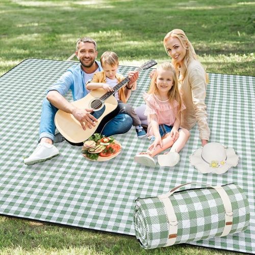 G GOOD GAIN Picnic Blankets Outdoor Extra Large - 80"x80" Portable Waterproof Picnic Blanket, Machine Washable 3-Layer Foldable Park Mat with Sandproof Backing for Grass, Hiking, Travel (Olive Green)