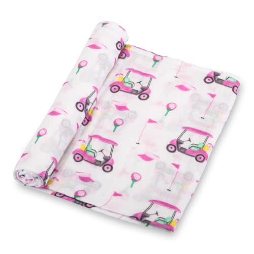 LollyBanks Baby Swaddle Blanket for Girls, 100% Cotton Breathable Muslin Swaddle, Soft and Lightweight 47 x 47 Inches Swaddling Blankets for Newborn, Baby Girl Newborn Essentials (Pink Golf Print)