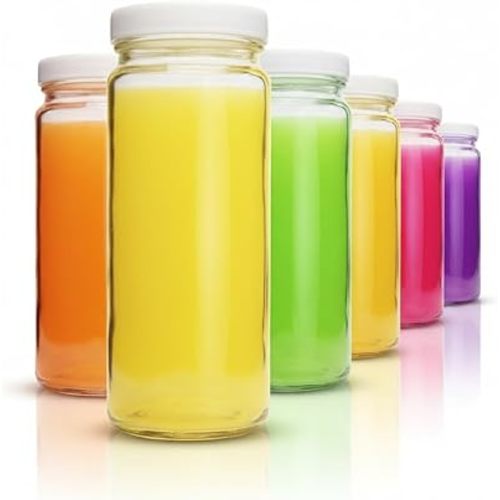 16oz Glass Juice Bottles with Lids - 6 Pack Wide Mouth Glass Water Bottles for Juices, Smoothies, Beverage Storage - Durable, Reusable, Dishwasher Safe, Glass Bottles for Juicing (White Caps)