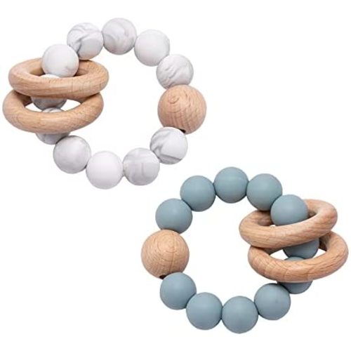 2pc Wooden Teether Rattle Organic Baby Teething Ring Infant Nursing Bracelet Sensory Toys Silicone Baby Rattle Teether ｜Light Blue & Marble