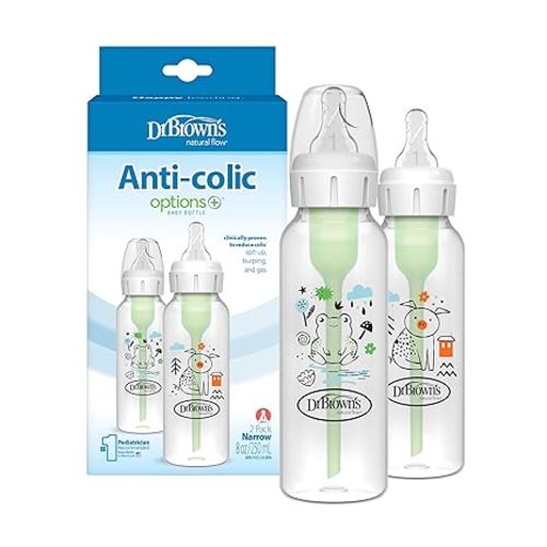 Dr. Brown's Natural Flow Anti-Colic Options+ Narrow Baby Bottle, Frog and Pig, 8 oz/250 mL, with Level 1 Slow Flow Nipple, BPA Free, 0m+, 2-Pack