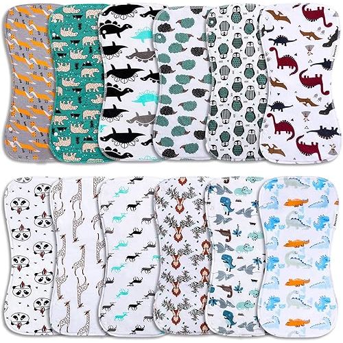 Premium 12-Pack Baby Burp Cloths & Bibs with 2-in-1 Design Large Size and 3-Layer Thickness Organic Cotton Super Absorbent and Soft Burping Rags for Girls and Boys - Ideal Baby Bibs Set for Spit Up