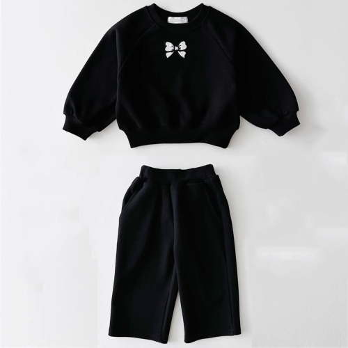 THDHVS Girls Sweatsuit,Toddler Boy Outfits,Fashion Kid's Bow Round Neck Long Sleeve Casual Hoodie Loose Pants Two-piece Set Black 6-9 Months