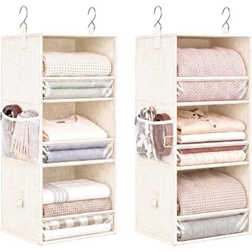 Aokeyee 6-Shelf Hanging Closet Organizer, 2 Connectable 3-Tier Hanging Shelves with Side Pockets, Collapsible Wardrobe Storage for Bedroom, Dorm and Nursery, Beige