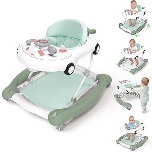 Baby Walker, 5-in-1 Baby Walker for Boys and Girls with Bouncer, Removable Footrest, Music, Foldable & Adjustable Speed Wheels Activity Walker for 6-18 Months Toddler Infant(Mint)