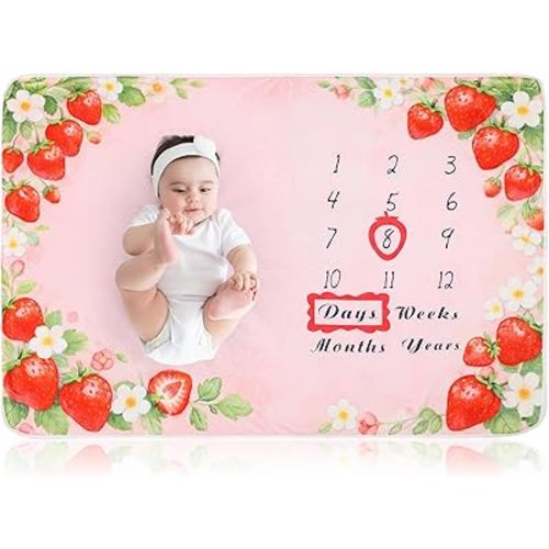 Chumia Baby Monthly Milestone Blanket for Girl 59" x 39" Pink Strawberry Photo Prop Blankets Baby Age Milestone Blanket with 2 Felt Floral Wreath Frame