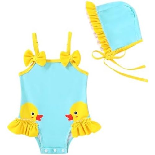 YOUNGER TREE Baby Girls Swimsuit One Piece Swimwear Ruffled Infant Swimsuit Floral Print Bathing Suit with Hat