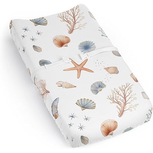 Sweet Jojo Designs Ocean Seashells Boy or Girl, Gender Neutral Baby Changing Pad Cover Sheet – Infant, Newborn, Diaper Table Change Mat Cover - Nautical, Beach Theme, Watercolor, Starfish, Coastal