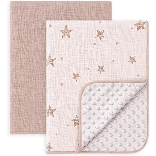 Susurration Baby Blanket for Unisex Boys Girls, 2 Pack Soft Fluffy Crib Blankets with Muslin Cotton Front and Dotted Fleece Back, Receiving Blanket for Baby Newborn Infant, 30x40inch, Pink Star&Sand