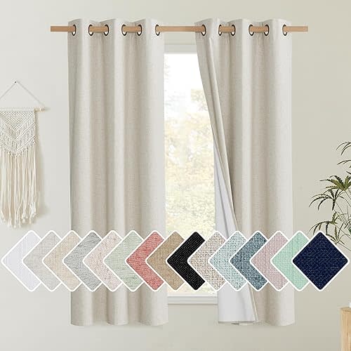 NICETOWN Natural Thick Linen Blend 100% Blackout Curtains 60" Long 2 Panels Set for Bedroom, 34" Wide, Rustic Grommet Thermal Insulated Flax Textured Full Blackout Window Draperies with White Liners