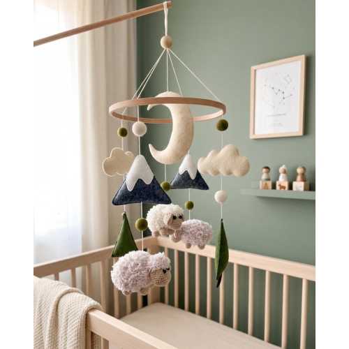 Crochet Sheep Mountain Crib Mobile: Felt Clouds, Moon, Trees, Balls