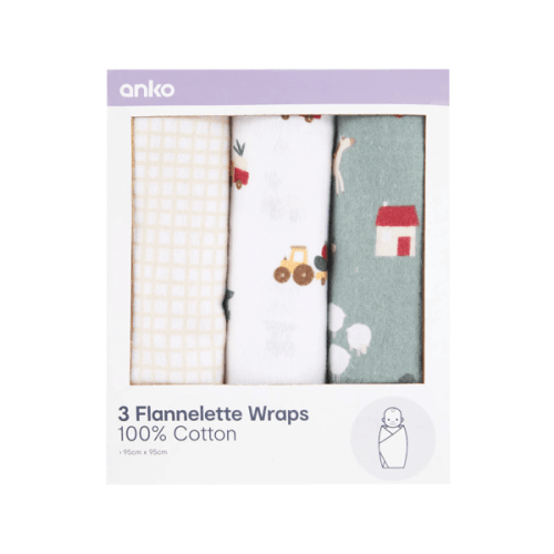 Anko 3 Pack Cotton Flannelette Wraps- Farm