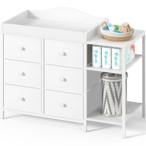 BOLUO Baby Dresser with Changing Table Top, Changing Table Dresser with 6 Fabric Drawers Diaper Changing Station with Storage Shelf for Nursery Modern
