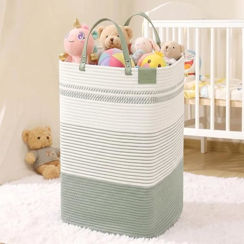 75L Woven Laundry Hamper with Long Leather Handles, Baby Laundry Basket for Nursery, Tall Hampers for Bedroom Aesthetic, Decorative Clothes Storage Basket for Family, White & Light Green
