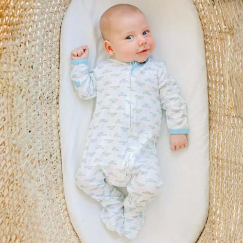 Alligator Pie Print Zip Footie - Light Blue