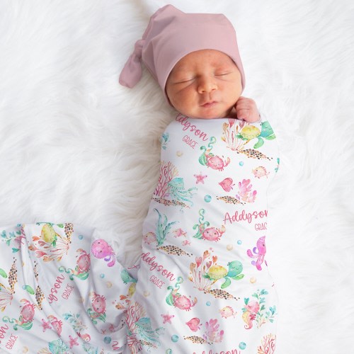 Sea Animals Name Swaddle, Custom Girl Ocean Blanket, Personalized Turtle Swaddle, New Mom Gift, Newborn Gift, Underwater Baby Shower Gift