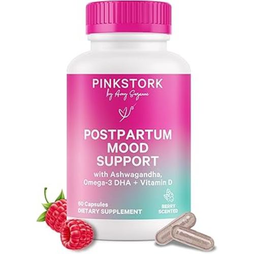 Pink Stork Postpartum Mood Support - Postnatal Hormone Balance for Women - Breastfeeding Friendly - Stress & Cognitive Support, New Mom Essentials - Ashwagandha, Chamomile, & Vitamin D, 60 Capsules