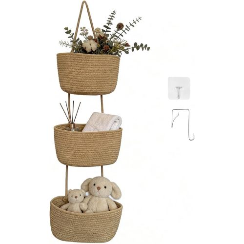 3-Tier Over the Door Hanging Basket, Cotton Rope Woven Decorative Hanging Storage, Large Wall Basket for Nursery Bedroom, Foldable Height Adjustable Organizer, Jute Color