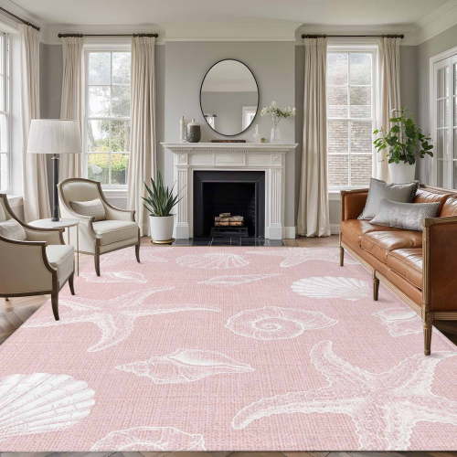 Rectangle Area Rugs 8 x 10 Ft, Marine Life Non-Slip Residential Carpet, Summer Ocean Starfish Conch Seashell Pink Indoor Crawling Mats Runner Rugs for Living Room/Dining Room/Bedroom