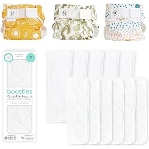 Honest Hybrid Cloth Diaper Cover + Super Boosties Reusable Inserts, Small (8-15 lbs), Cotton Muslin Honest Covers Feature Pocket-Sling, 3 Pack, Boosties Inserts 10 Count