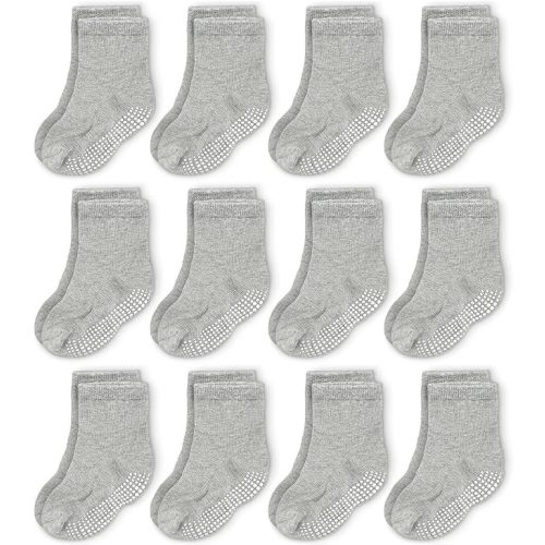 CozyWay Baby & Toddler Socks With Grippers Non Slip Crew Grip Socks for Girls and Boys Soft Comfy Cotton - 12 Pack