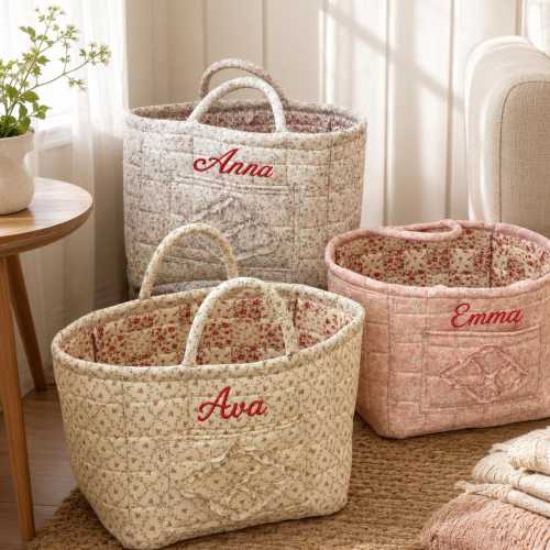 Personalized Quilted Floral Storage Basket, Custom Name Baby Diaper Caddy, Nursery Organizer Tote, Baby Shower Gift for New Mom
