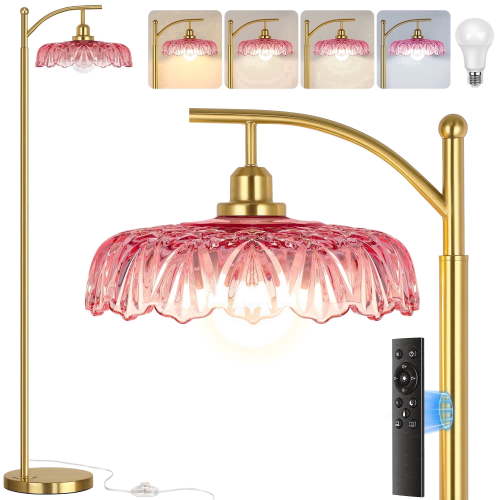 68in Gold Floor Lamp for Living Room Mid Century Modern Standing Lamp with Pink Glass Shade, Flower Lamp