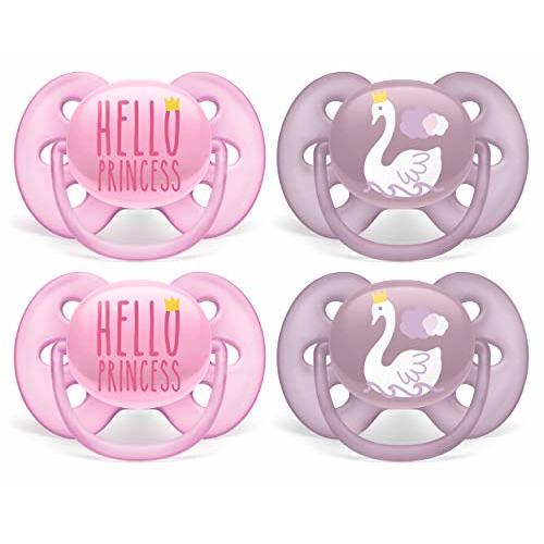 Philips AVENT Ultra Soft Pacifier, 6-18 Months, Hello Princess & Swan Designs, 4 Pack, SCF223/42, Pink