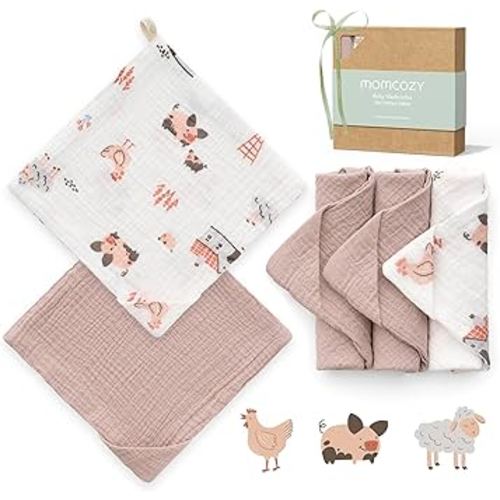 Momcozy Soft & Absorbent Baby Washcloths - 4 Layer Design| Medium Thickness| Premium Cotton for Newborns' Skin-Great for Bathing, Wiping & on-The-go Use, Shower Gift and Essential(5 Pack, 10x10 inch)