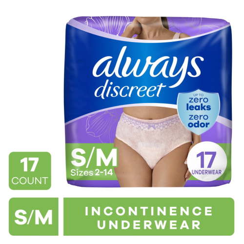 Always Discreet Adult Incontinence Underwear for Women and Postpartum Underwear, S/M, Up to 100% Bladder Leak Protection, 17 CT