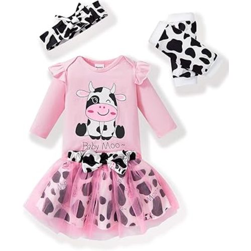 Baby Girl Outfits Long Sleeve Crewneck Romper+Tutu Skirt+Leg Warmer+Headband Holiday Dress Newborn to 18 Months