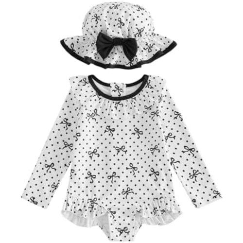 Baby Girl Swimsuit Long Sleeve One-Piece Swimwear Bow Dots Print Bikini with Hat Toddler Summer Beach Bathing Swimsuit