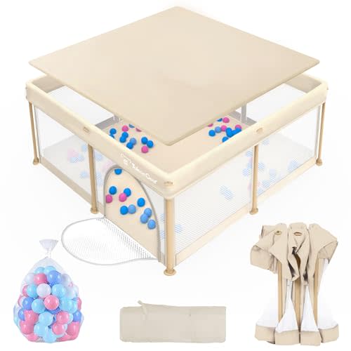 Foldable Baby Playpen for Babies and Toddlers,50x50 Inch Portable Play Yard | Collapsible Play Pen with Mat, Visible Mesh, 50 Ocean Balls, Indoor/Outdoor Baby Fence Activity Center for Home