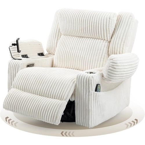 Power Oversized Swivel Rocker Recliner with Dual Motor Adjustable Headrest for Adults, Glider Rocking Chair with Vibration and Heat, USB A&C Ports, Armrest Storage, Cup Holder, Cream White