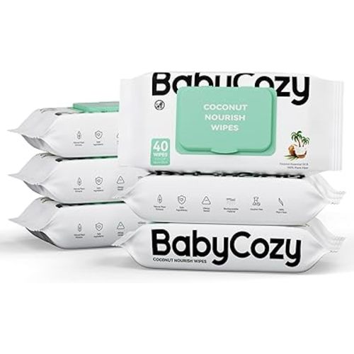Baby Wipes, Cleansing & Moisturizing 2-in-1 Babycozy Sensitive, 100% Plant Fiber & Biodegradable, Hypoallergenic Baby Coconut Wipes Moisturize Every Cleanse, 240 cnt (6 pack)