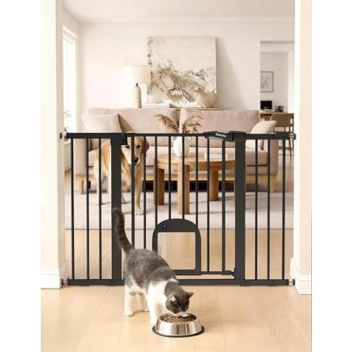 Babelio 29-48" Extra Wide Baby Gate with Adjustable Cat Door, Easy Install Pressure/Hardware Mounted Dog Gates for The House, Auto Close Pet Gate for Stairs, Black