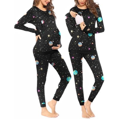 Ekouaer Nursing Pajama Set Long Sleeve Maternity Clothes Labor Pregnancy Pjs Breastfeeding Thermal Underwear Sleepwear