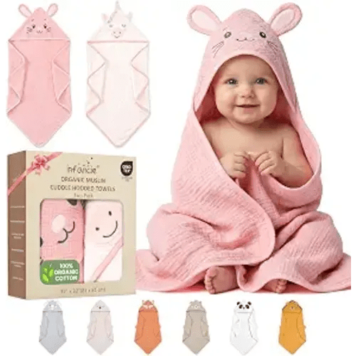 100% Organic Cotton Muslin Cuddle Hooded Baby Towels Infant 2 PK 32x32 in