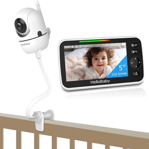HelloBaby Baby Monitor No WiFi with Crib Clip, 5'' IPS Screen and 30-Hour Battery Life, Baby Monitor with Camera and Audio, Flexible Clip Mount with Long Gooseneck Arm