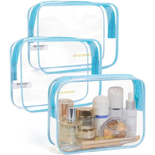 BAGSMART Clear Toiletry Bag, 3 Packs TSA Approved Water resistant Quart Size Travel Organizer, Airport Airline Travel Essential Carry On Makeup Cosmetic Bags for Women, Blue