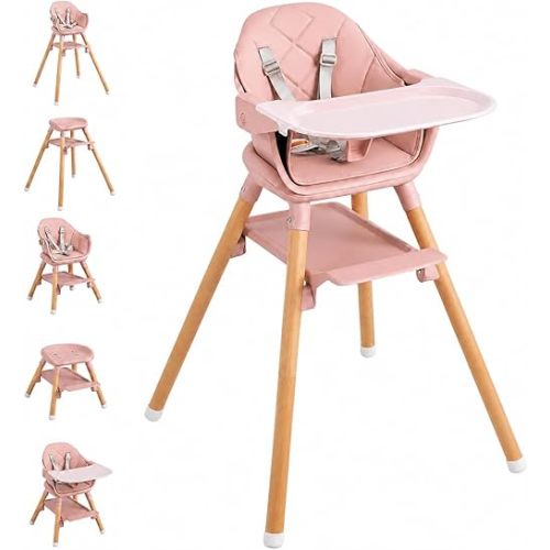 Baby Girl High Chair, 6 in 1 Wooden Convertible High Chairs for Babies and Toddlers, Booster Seat with Double Tray & Reversible Footrest Baby Highchair, 5-Point Harness Baby Feeding Chair, Pink