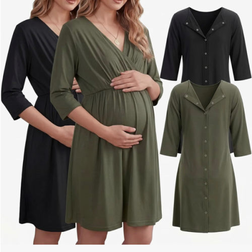 Cutecrop 2 Pack Labor and Delivery Gown for Hospital Maternity Nursing Short Sleeve Gown Button Back Birth Recovery Sleepwear