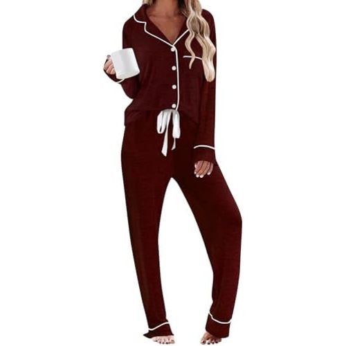 HNG Pajamas for Women Set 2 Piece Pj Set Long Sleeve Button Up Lounge Sets Sleepwear with Pockets XS-XXL