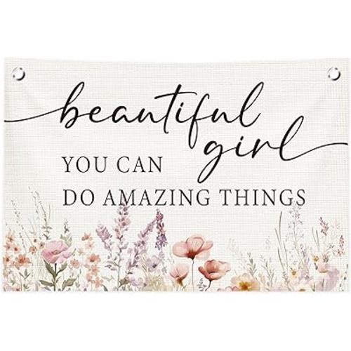 Baby Girl Nursery Decor,Motivational Inspirational Wildflower Nursery Wall Art,Beautiful Girl You Can Do Amazing Things Flower Canvas Banner Flags for Baby Girl Room Kids Bedroom,30x20 In