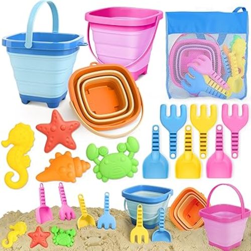 Dreamon Beach Toys for Kids 3-10, Collapsible Sand Castle Toys for Beach Include 3 Pack Foldable Buckets, Shovels Molds and Storage Mesh Bag, Sandbox Travel Toy for Toddlers Kids