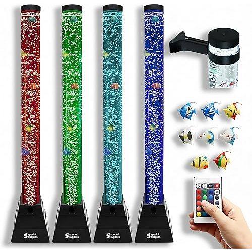 Special Supplies Aquarium Sensory Fish Bubble Light Tube with 16 LED Color Changing Nightlight Effect, Remote Control, and 8 Fishes, Colorful Floor Standing Lamp for Kids and Adults (4 feet) (Style 2)