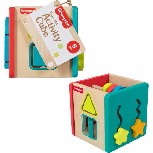 Fisher-Price Wooden Activity Cube, Busy Fine Motor Developmental Toy for Baby, 6 Months +