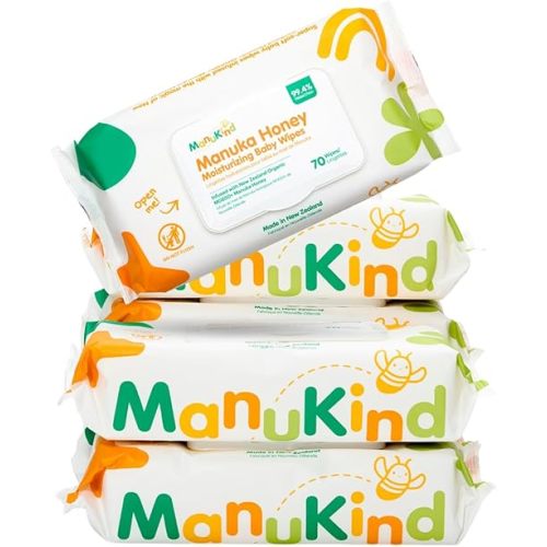 ManuKind Manuka Honey Infused Baby Wipes, Ultra Gentle, 100% Bamboo Fiber, Soft Comfort for Sensitive Skin, Dermatologist Tested, Made in New Zealand, 70 x 6 Bags