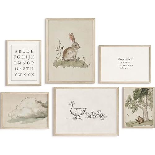Vintage Nursery Wall Art Kids Canvas Prints Baby Boys Wall Decor Animal Pictures Bunny Poster Neutral Children Prints Duck Painting Woodland Bear Artwork for Farmhouse Bedroom 12x16 Inch Wood Framed